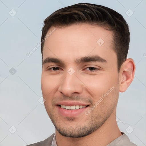 Joyful white young-adult male with short  brown hair and brown eyes