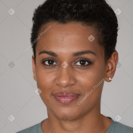 Joyful black young-adult female with short  brown hair and brown eyes