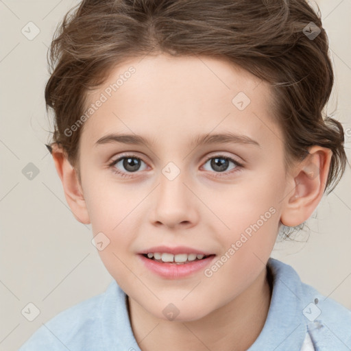 Joyful white child female with medium  brown hair and brown eyes