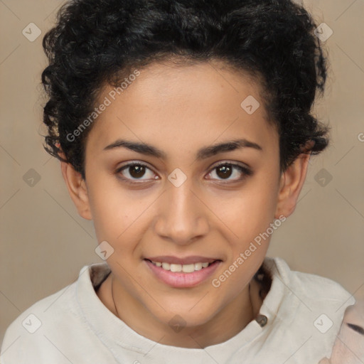 Joyful latino young-adult female with short  brown hair and brown eyes