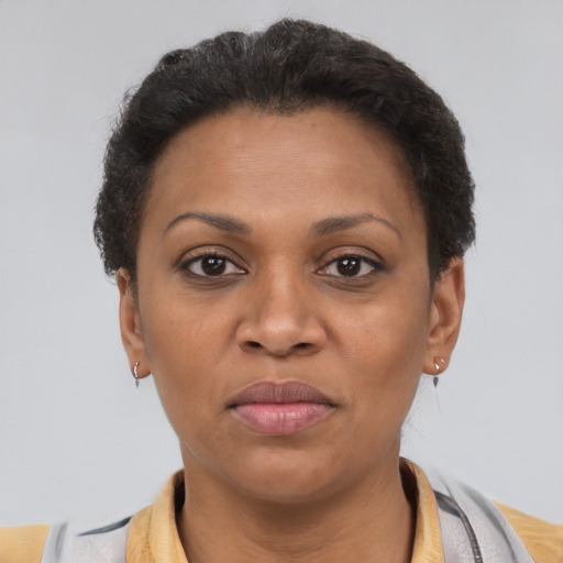 Joyful latino adult female with short  brown hair and brown eyes