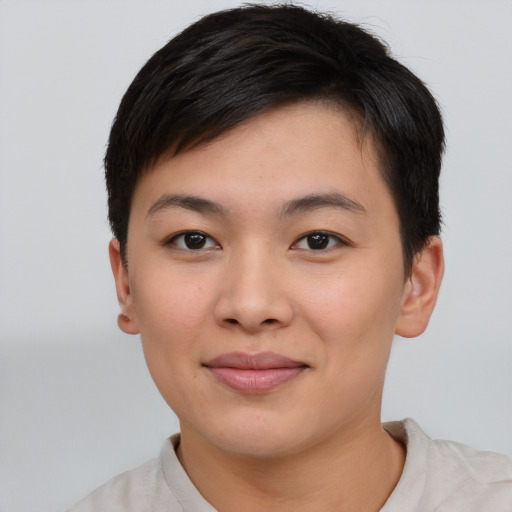 Joyful asian young-adult female with short  brown hair and brown eyes