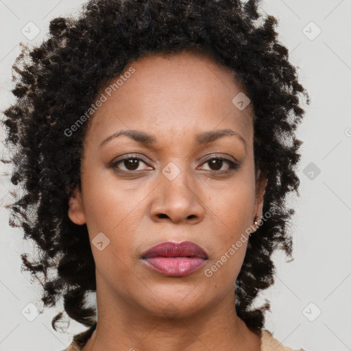 Joyful black adult female with medium  brown hair and brown eyes