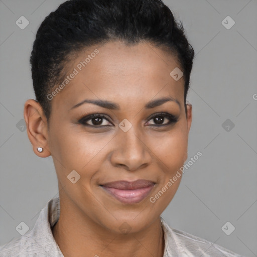 Joyful latino young-adult female with short  brown hair and brown eyes