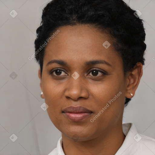 Neutral black young-adult female with short  black hair and brown eyes