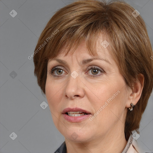 Joyful white adult female with medium  brown hair and brown eyes