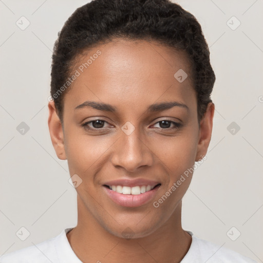 Joyful white young-adult female with short  brown hair and brown eyes