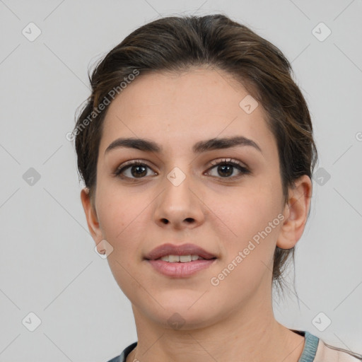 Neutral white young-adult female with short  brown hair and brown eyes