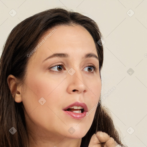 Neutral white young-adult female with medium  brown hair and brown eyes