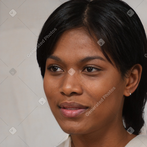 Joyful asian young-adult female with medium  black hair and brown eyes