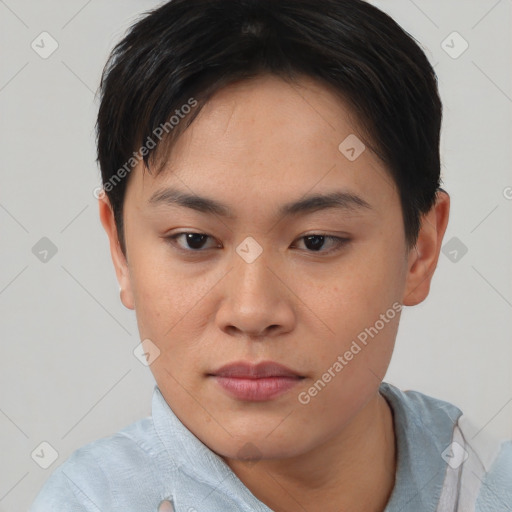 Neutral asian young-adult female with short  brown hair and brown eyes