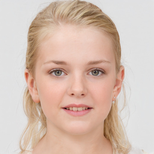 Joyful white child female with medium  brown hair and blue eyes