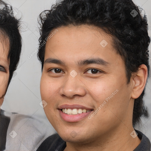 Joyful white young-adult male with medium  brown hair and brown eyes