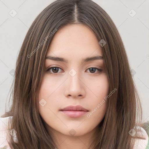 Neutral white young-adult female with long  brown hair and brown eyes