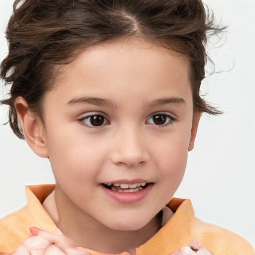 Joyful white child female with medium  brown hair and brown eyes