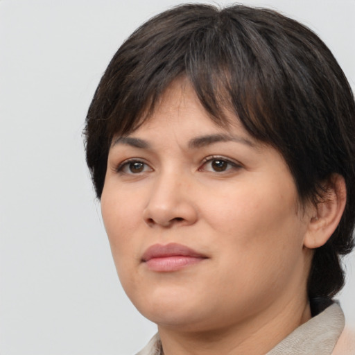 Neutral white young-adult female with medium  brown hair and brown eyes