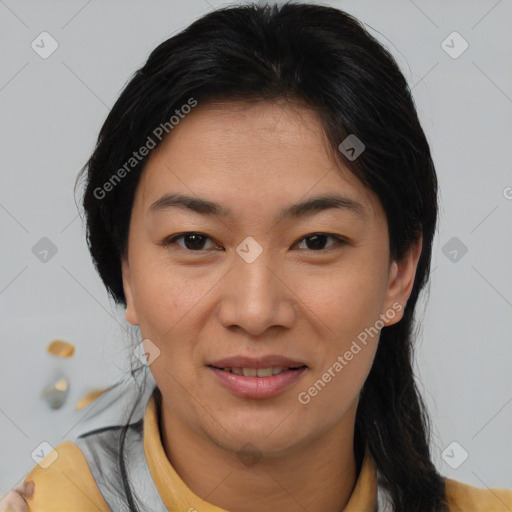 Joyful asian young-adult female with short  brown hair and brown eyes