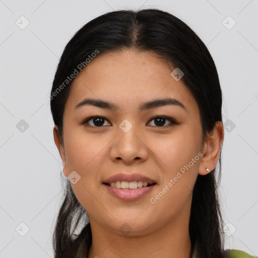 Joyful white young-adult female with long  brown hair and brown eyes