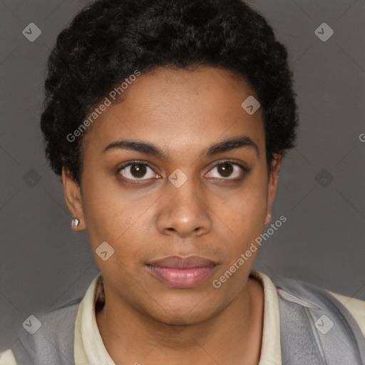 Neutral black young-adult female with short  brown hair and brown eyes