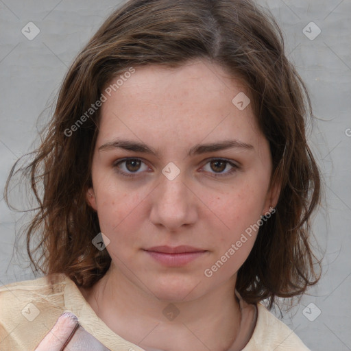 Neutral white young-adult female with medium  brown hair and brown eyes