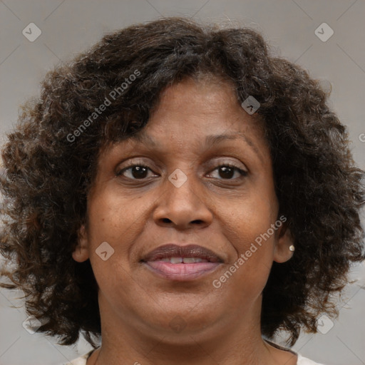 Joyful black adult female with medium  brown hair and brown eyes