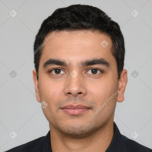 Neutral white young-adult male with short  black hair and brown eyes
