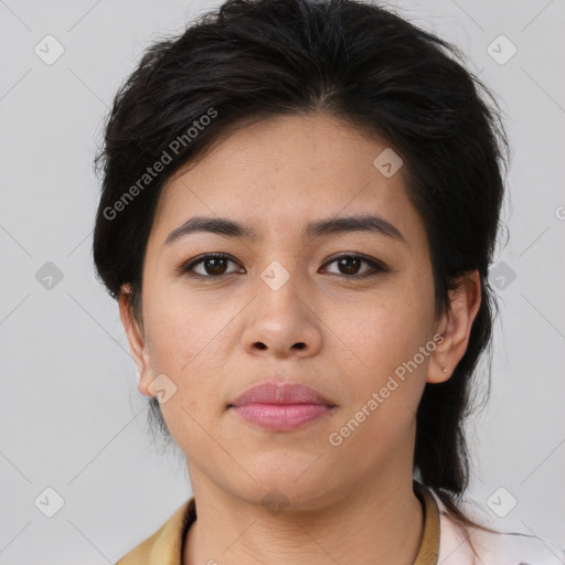 Neutral asian young-adult female with medium  brown hair and brown eyes