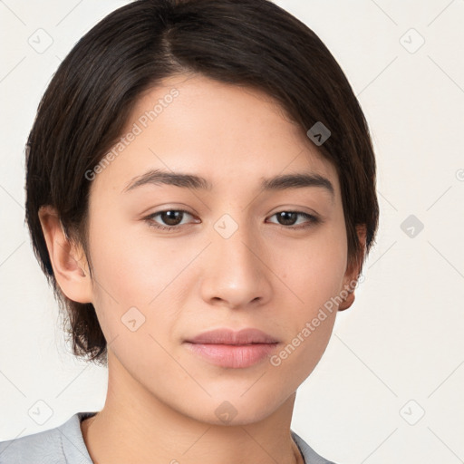 Neutral white young-adult female with short  brown hair and brown eyes