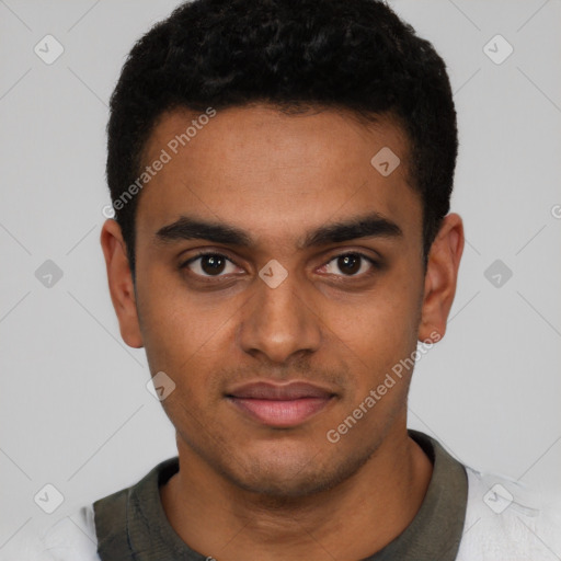 Neutral black young-adult male with short  black hair and brown eyes