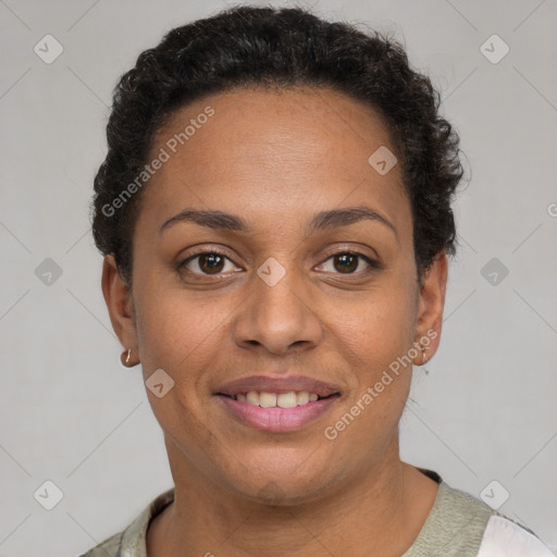 Joyful latino young-adult female with short  brown hair and brown eyes