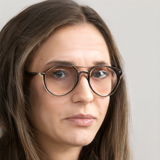 Neutral white young-adult female with long  brown hair and blue eyes