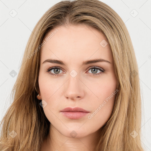 Neutral white young-adult female with long  brown hair and brown eyes