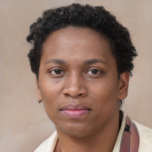 Neutral black adult female with short  brown hair and brown eyes