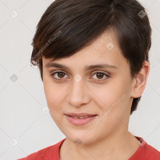 Joyful white young-adult female with short  brown hair and brown eyes