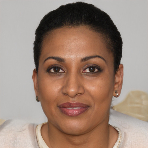 Joyful black young-adult female with short  black hair and brown eyes