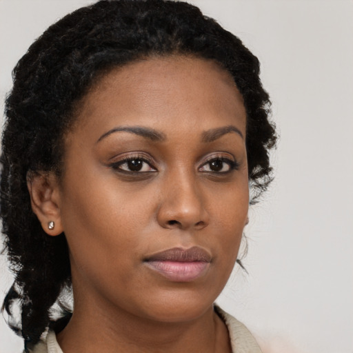 Neutral black young-adult female with long  brown hair and brown eyes