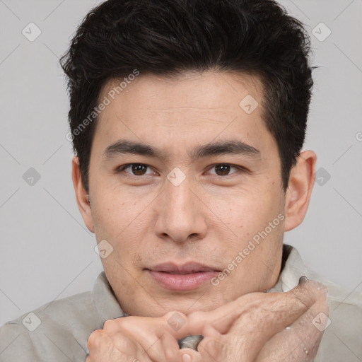 Neutral asian young-adult male with short  brown hair and brown eyes