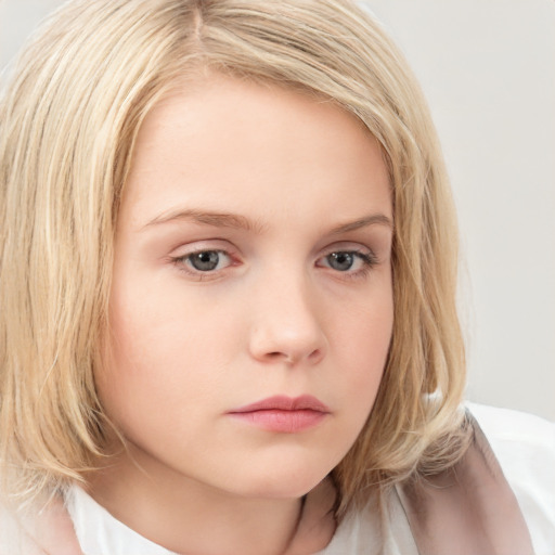 Neutral white child female with medium  brown hair and blue eyes