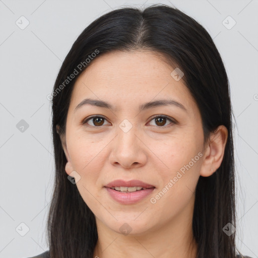 Joyful white adult female with long  brown hair and brown eyes