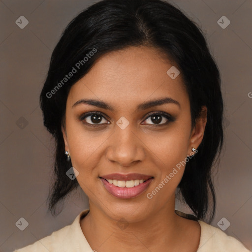 Joyful black young-adult female with medium  black hair and brown eyes