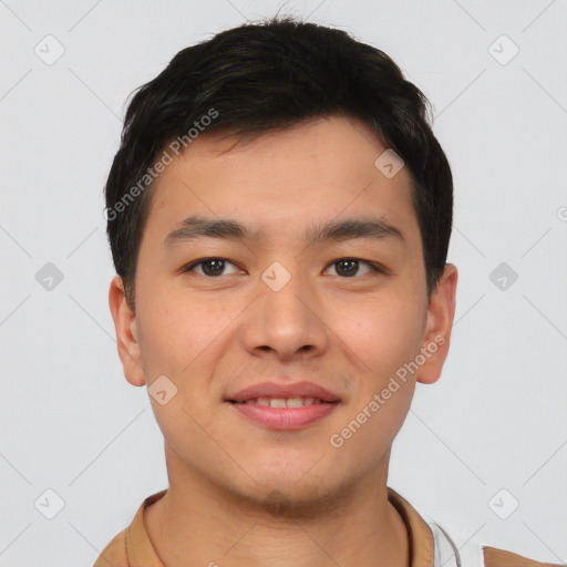 Joyful asian young-adult male with short  brown hair and brown eyes