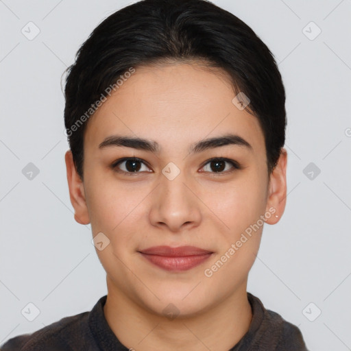 Joyful asian young-adult female with short  brown hair and brown eyes