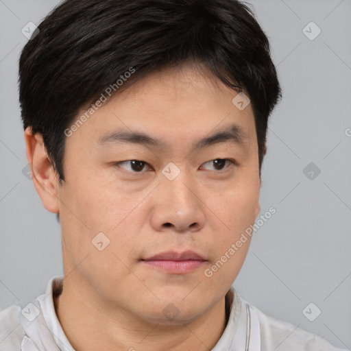 Neutral asian young-adult male with short  brown hair and brown eyes