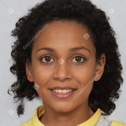 Joyful black young-adult female with medium  brown hair and brown eyes