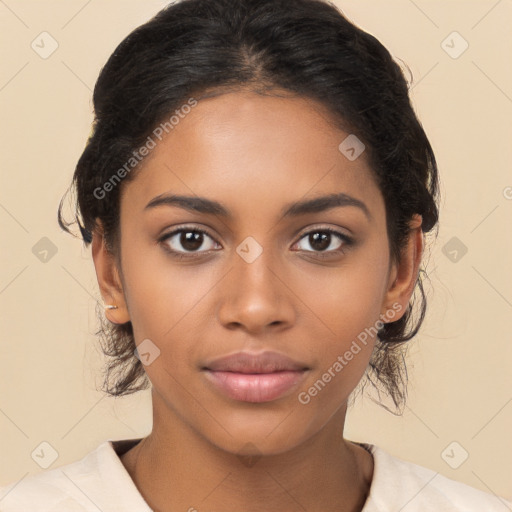 Joyful latino young-adult female with long  brown hair and brown eyes