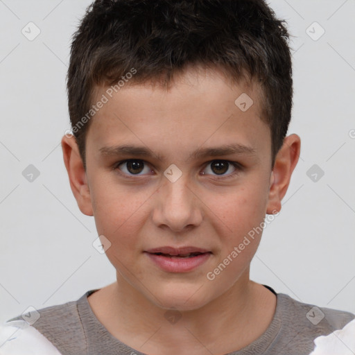 Joyful white child male with short  brown hair and brown eyes