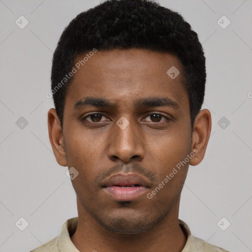 Neutral black young-adult male with short  black hair and brown eyes