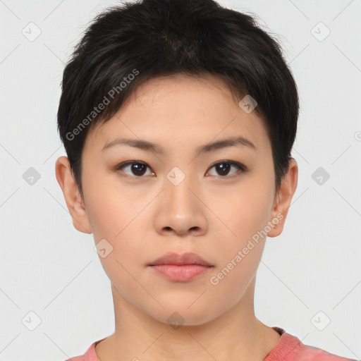 Neutral asian young-adult female with short  brown hair and brown eyes