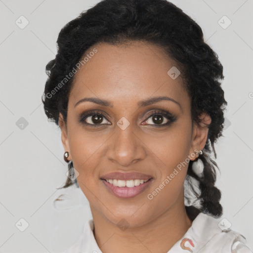 Joyful black young-adult female with medium  black hair and brown eyes