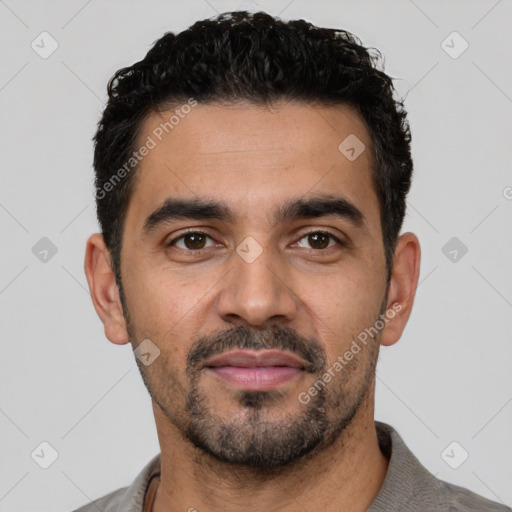Neutral latino young-adult male with short  black hair and brown eyes